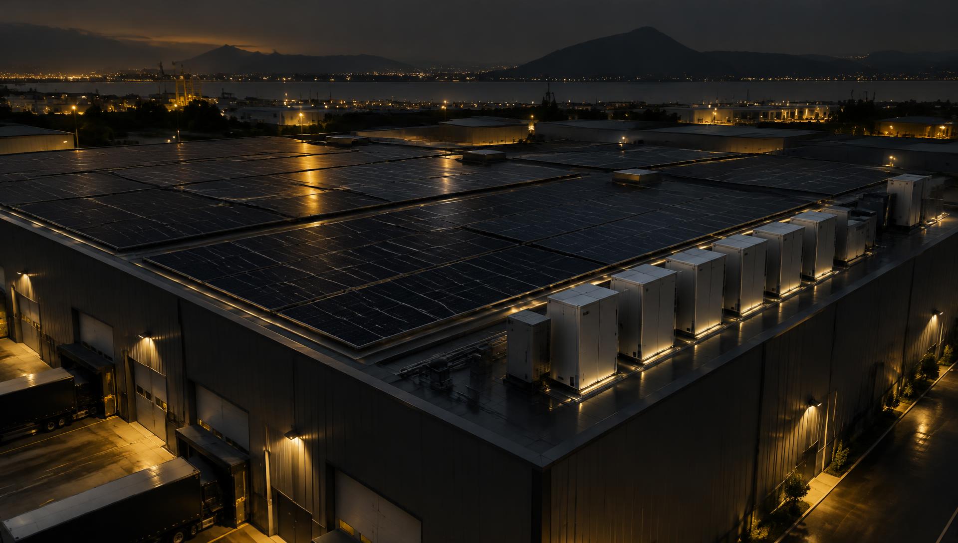 Techo industrial con paneles solares y baterías